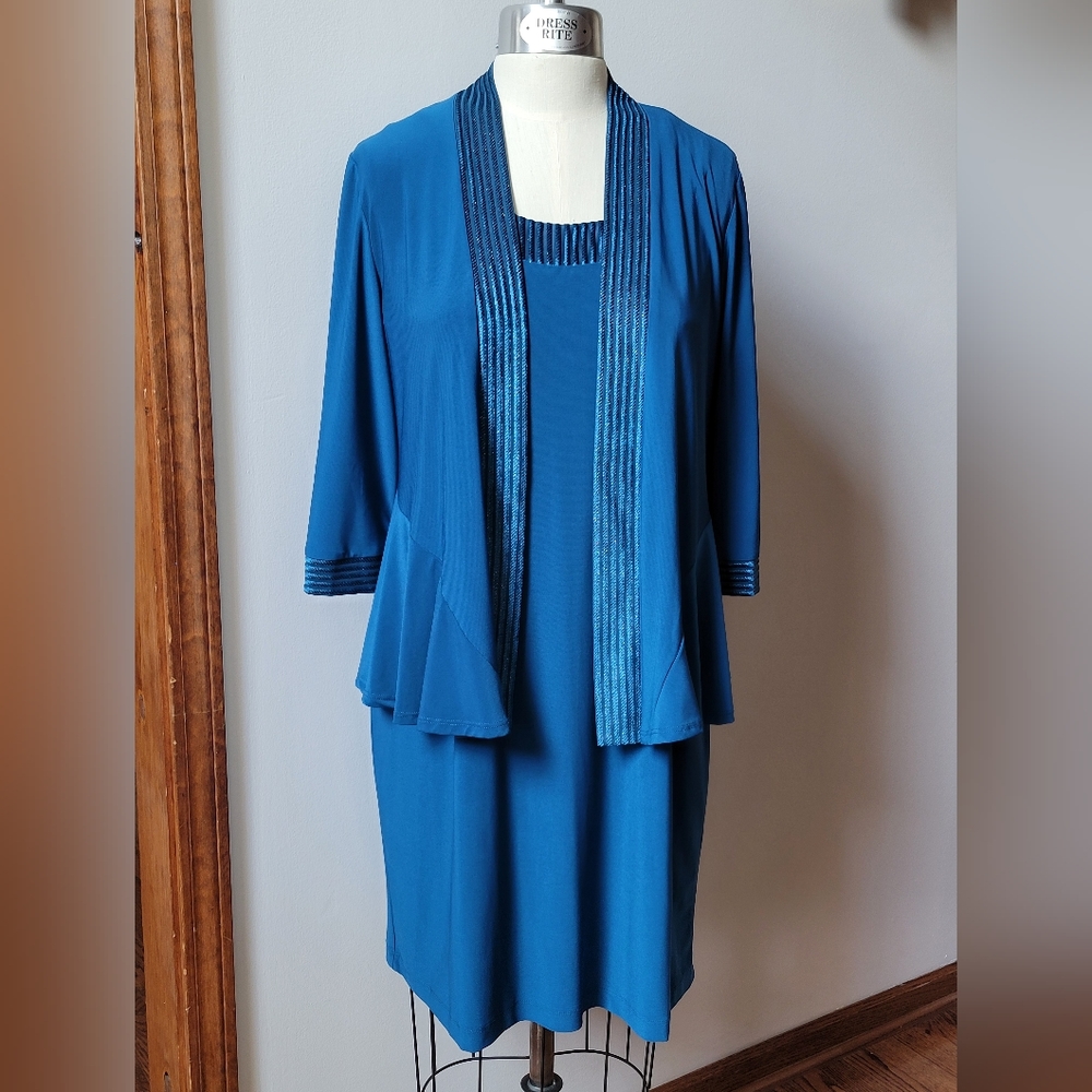 R&M Richards Sleeveless Dress with Jacket peacock blue size 14